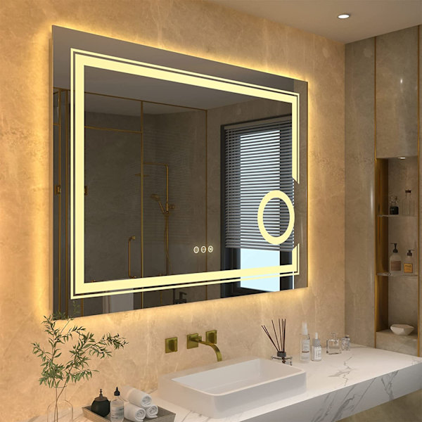 Wisfor LED badrumsspegel, 800x600 mm, väggmonterad sminkspegel, anti-dimavfuktare, 3X förstoringsglas Bakgrundsbelyst, frontbelyst, 3 ljuslägen