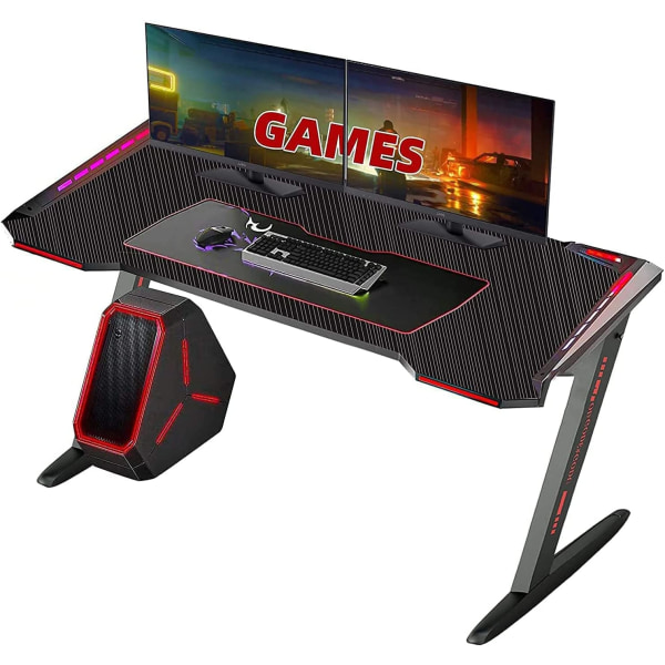 Wisfor spelbord, datorbord, 140 cm PC-bord, med RGB LED-ljus, hemmakontor Z-formad spelskärmsmöbel