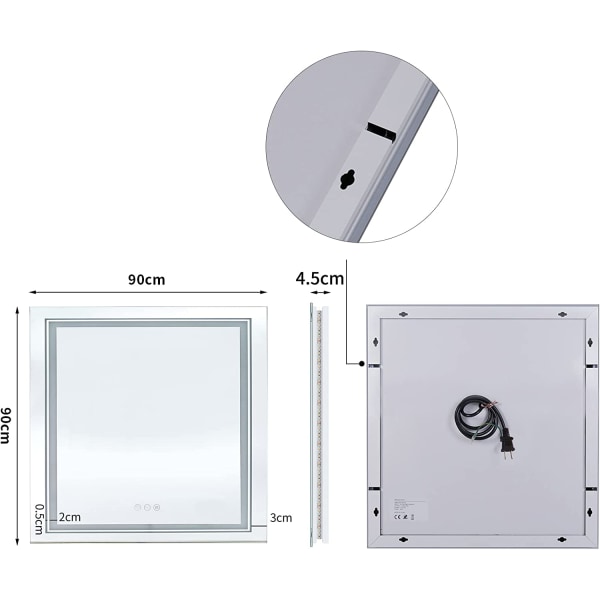 Wisfor LED badrumsspegel, 900x900 mm, dimbar upplyst spegel, med touchsensor, vattentät väggmonterad fyrkantig sminkspegel