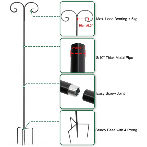 Wisfor Shepards krok, trädgårdsstake, lyktkrokar, utomhussolljus hängande korgstativ, med 4 stift metallsvart black