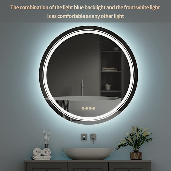Wisfor LED badrumsspegel, 800 mm dimbar rund vägg sminkspegel, med 8 RGB bakgrundsbelyst 3 frontljus Färg Smart anti-dim Touch Switch