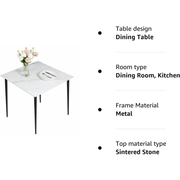 Wisfor köksmatbord, marmorbordsskiva, fyrkantig 80 cm toppmatsbord i marmoreffekt 4-sits med avsmalnande metallben matte white