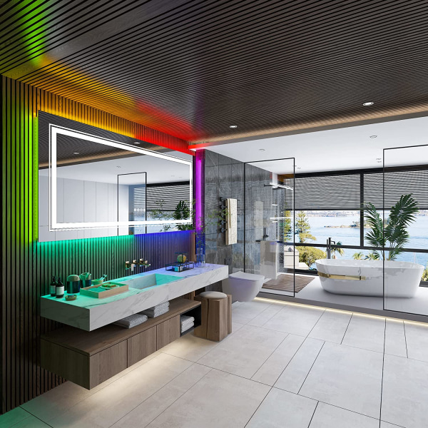 Wisfor LED badrumsspegel, 1400x700 mm, dimbar rektangulär sminkspegel på väggen, med 8 RGB-bakgrundsbelyst, 3 frontljusfärger