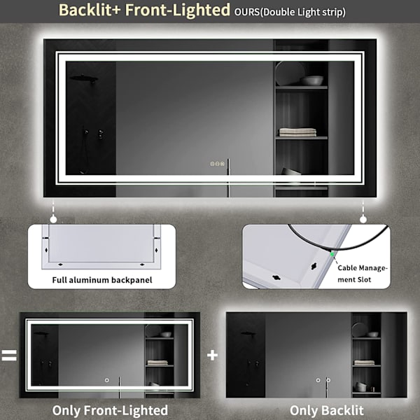Wisfor LED badrumsspegel, 1200x600 mm, stor, dimbar belyst väggmonterad sminkspegel, med demister Pad Smart Touch Switch sminkspegel