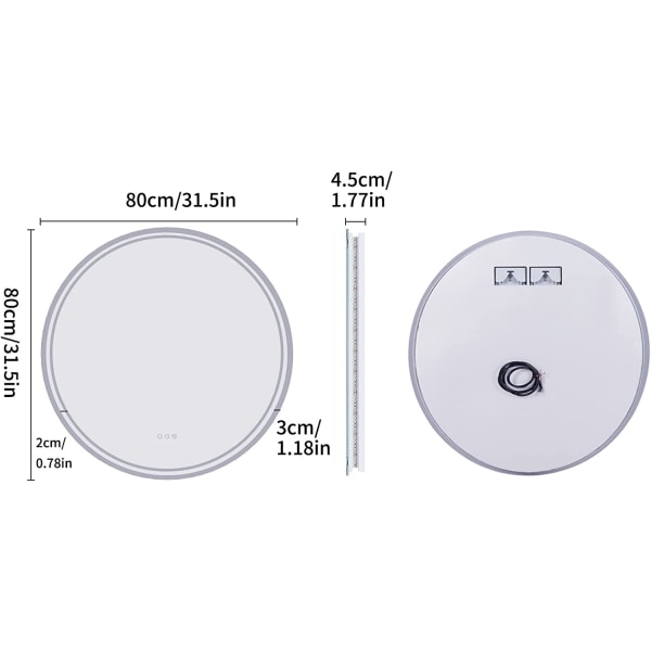 Wisfor LED badrumsspegel, 800 x 800 mm, rund upplyst väggmonterad sminkspegel, med demister Pad + Smart Touch Button Makeup Mirror