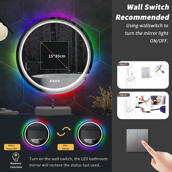 Wisfor LED-badrumsspegel, dimbar sminkspegel med rund vägg, med 8 RGB-bakgrundsbelyst, 3 färger framljus, Smart Anti-Imma Touch Switch, Minnesfunktion