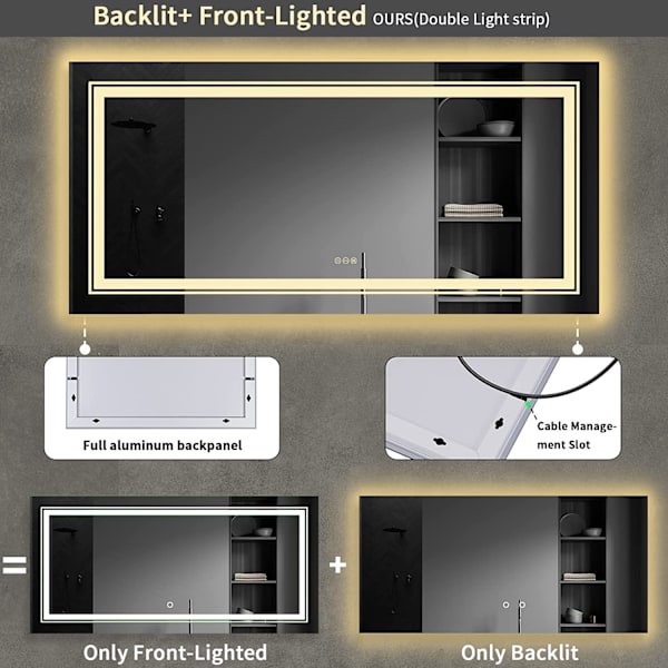 Wisfor stor LED badrumsspegel, 1510x780 mm, dimbar belyst väggmonterad belyst sminkspegel, med anti-dimma Smart Touch Switch sminkspegel