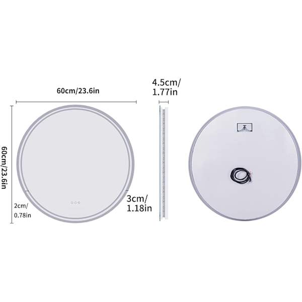 Wisfor LED badrumssminkaspegel, 600 mm rund dimbar bakgrundsbelyst väggbelyst cirkelspegel, sminkrakspegel