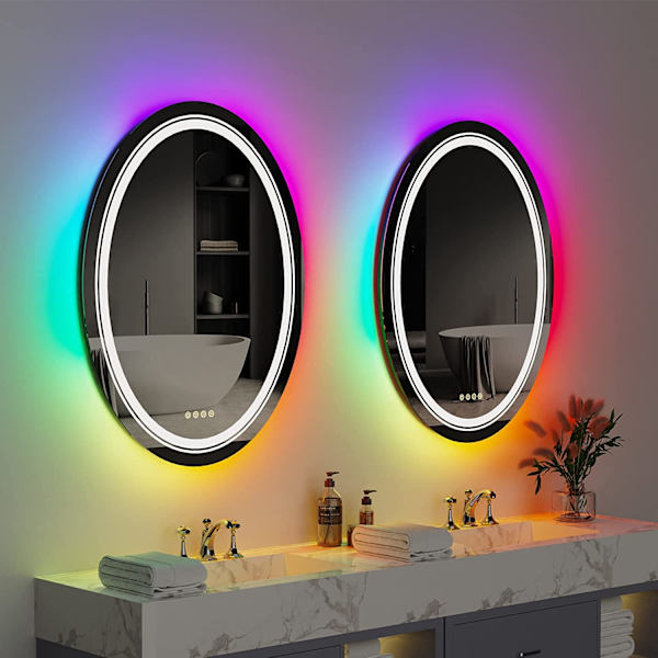 Wisfor LED badrumsspegel, 600x800 mm, dimbar oval sminkspegel på väggen, med 8 RGB-bakgrundsbelysta, 3 färger framljus, Smart Anti-Imma Touch Switch