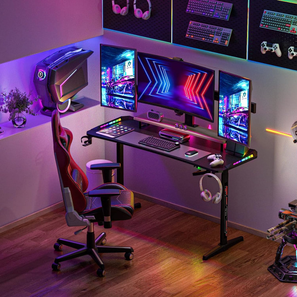 Wisfor datorspelbord, RGB, Justerbart, T-form Större hörnspelbord, 160 x 60 cm, Ergonomiska spelbord Kolfibersvart skrivbord
