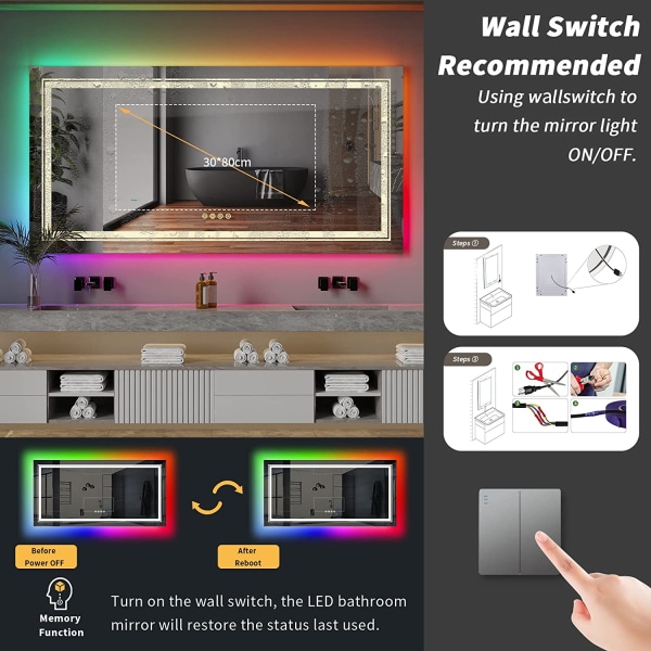 Wisfor LED badrumsspegel, 1200x600 mm, dimbar rektangulär sminkspegel på väggen, med 8 RGB bakgrundsbelyst, 3 frontljusfärger