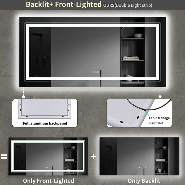 Wisfor stor LED badrumsspegel, 1600x800 mm, dimbar belyst väggmonterad belyst sminkspegel, Smart Touch Switch Sminkspegel