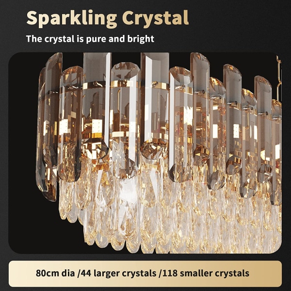 Wisfor lyxig rund kristallkrona, 80 cm, 3-vånings takhängande taklampa, med 8 glödlampor, modern belysningsarmaturlampa