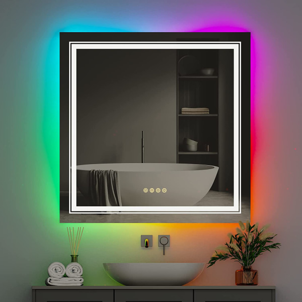 Wisfor LED Badrumsspegel, Dimbar fyrkantig väggspegel, med 8 RGB-bakgrundsbelyst, 3 främre ljusfärger, Smart Anti-Imma Touch Switch, Minnesfunktion