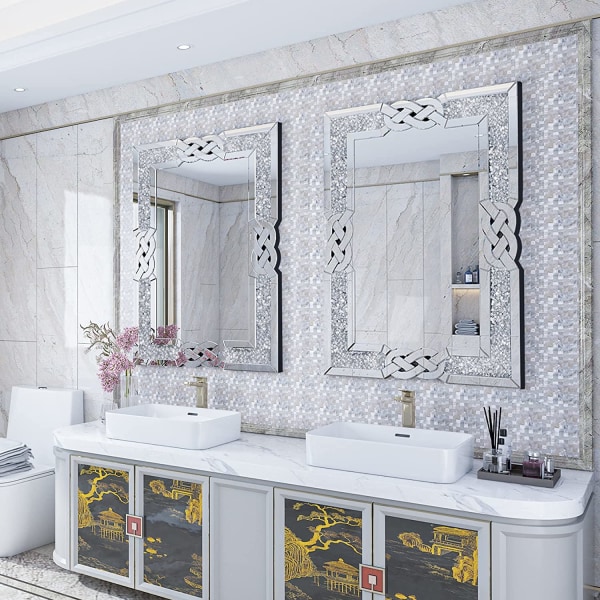 Wisfor rektangel dekorativa väggspeglar, elegant konstnärlig look, 5 mm tjocka stora silverhängda speglar, 90x60x2,5 cm, Bling kristaller väggspegel
