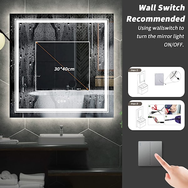Wisfor LED badrumsspegel, 900x900 mm, dimbar upplyst spegel, med touchsensor, vattentät väggmonterad fyrkantig sminkspegel