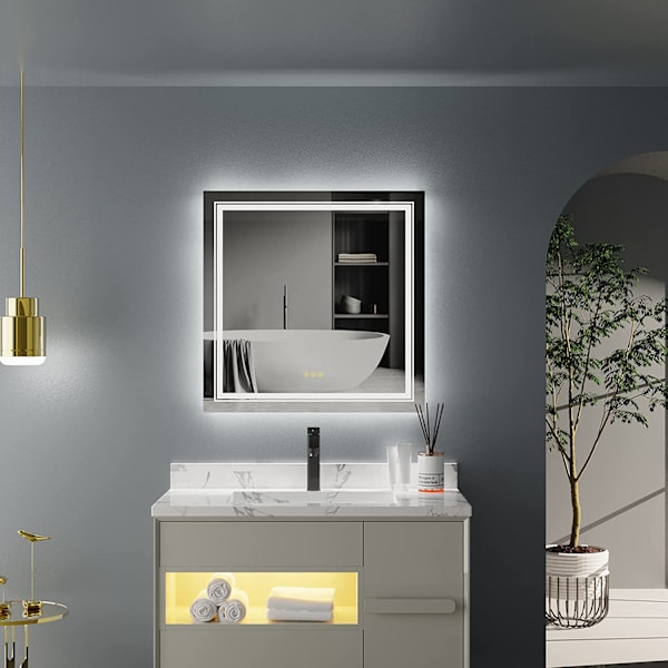 Wisfor LED badrumsspegel, 900x900 mm, dimbar upplyst spegel, med touchsensor, vattentät väggmonterad fyrkantig sminkspegel