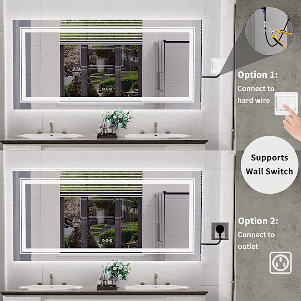 Wisfor LED badrumsspegel, 1200x600 mm, stor, dimbar belyst väggmonterad sminkspegel, med demister Pad Smart Touch Switch sminkspegel