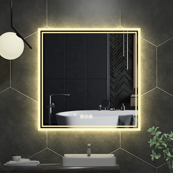 Wisfor LED badrumsspegel, 800 x 800 mm, bakgrundsbelyst väggmonterad sminkspegel, fyrkantig sminkspegel, för smink och rakning