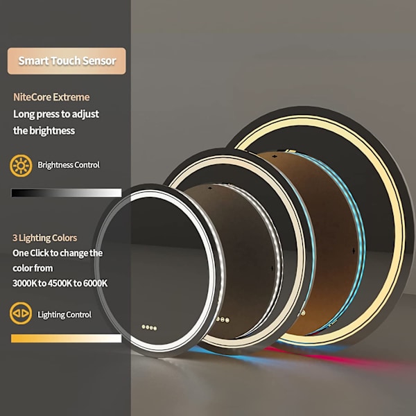 Wisfor LED badrumsspegel, 800 mm dimbar rund vägg sminkspegel, med 8 RGB bakgrundsbelyst 3 frontljus Färg Smart anti-dim Touch Switch