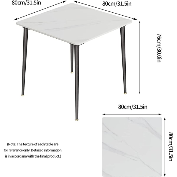 Wisfor köksmatbord, marmorbordsskiva, fyrkantig 80 cm toppmatsbord i marmoreffekt 4-sits med avsmalnande metallben matte white