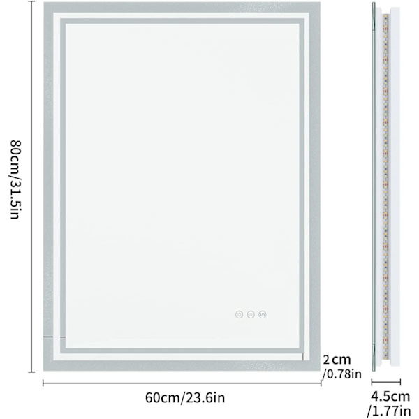 Wisfor LED badrumsspegel, 600 x 800 mm, dimbar väggmonterad sminkspegel, med demister Pad Touch Sensor Bakgrundsbelyst rektangel sminkspegel