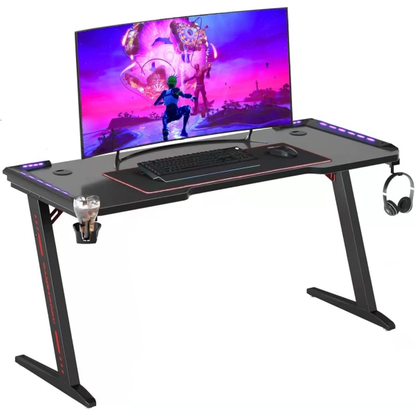 Wisfor spelbord, datorbord, 140 cm PC-bord, med RGB LED-ljus, hemmakontor Z-formad spelskärmsmöbel