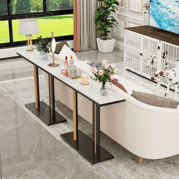 Wisfor Marble Console Bord, lyxiga moderna hallbord, 118x30x78cm, marmor bordsskiva, med svart och guld geometrisk linje piedestal, för heminredning