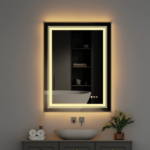 Wisfor badrumsspegel, dimbar LED-belyst väggmonterad sminkspegel, med demister Pad, Smart Touch Switch, frontljus och bakgrundsbelysning