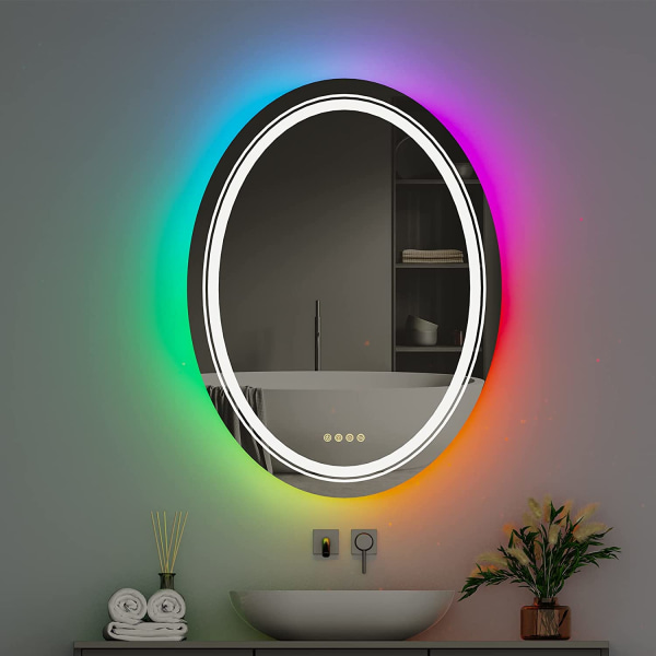 Wisfor LED badrumsspegel, 600x800 mm, dimbar oval sminkspegel på väggen, med 8 RGB-bakgrundsbelysta, 3 färger framljus, Smart Anti-Imma Touch Switch