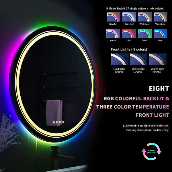 Wisfor LED-badrumsspegel, dimbar sminkspegel med rund vägg, med 8 RGB-bakgrundsbelyst, 3 färger framljus, Smart Anti-Imma Touch Switch, Minnesfunktion