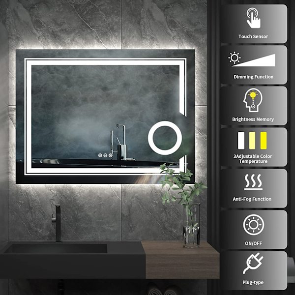 Wisfor LED badrumsspegel, 800x600 mm, väggmonterad sminkspegel, anti-dimavfuktare, 3X förstoringsglas Bakgrundsbelyst, frontbelyst, 3 ljuslägen