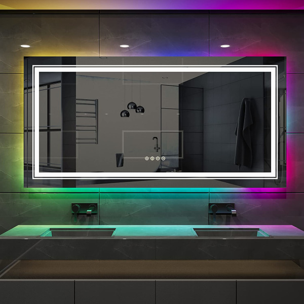 Wisfor LED badrumsspegel, 1200x600 mm, dimbar rektangulär sminkspegel på väggen, med 8 RGB bakgrundsbelyst, 3 frontljusfärger