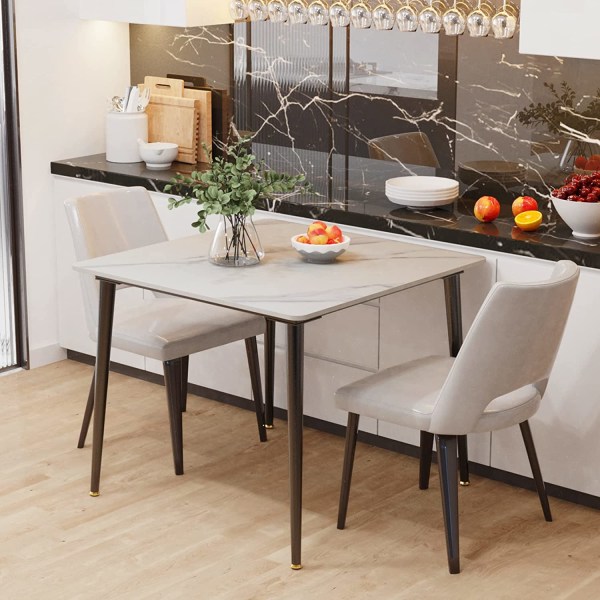 Wisfor köksmatbord, marmorbordsskiva, fyrkantig 80 cm toppmatsbord i marmoreffekt 4-sits med avsmalnande metallben matte white