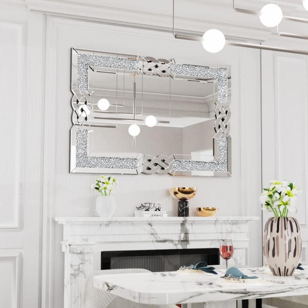 Wisfor rektangel dekorativa väggspeglar, elegant konstnärlig look, 5 mm tjocka stora silverhängda speglar, 90x60x2,5 cm, Bling kristaller väggspegel