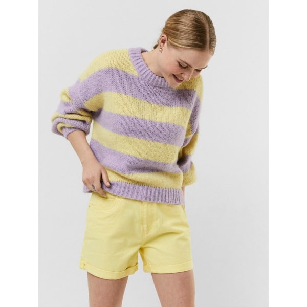 Randig o -hals stickad tröja - lila/gul Purple S