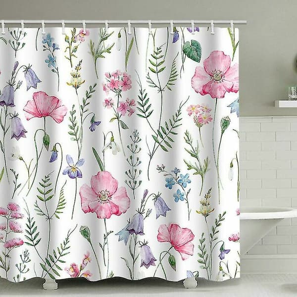 Duschdraperi Akvarell Blommor Växter Duschdraperi Set Tryckt Vattentätt Polyester Duschdraperi (Rosa)