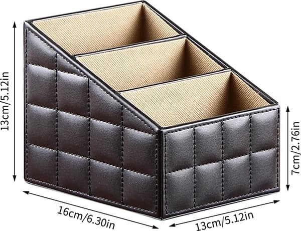Black Remote Control Organizer, 3 Compartment Leather Desk Stand
