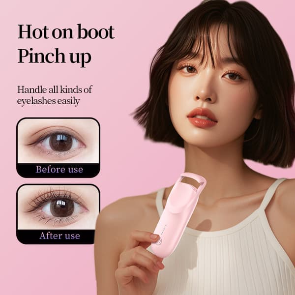 Heated Eyelash Curler - 10s Heating, 2-Level Temperature Heat-Sensitive Silicone Pad (Pink)