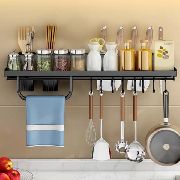 Spice Rack Wall, 50 cm Wall Mounted Kitchen Shelf with 8 Hooks, Hanging Kitchen Holder No Drilling for Kitchen, Bathroom