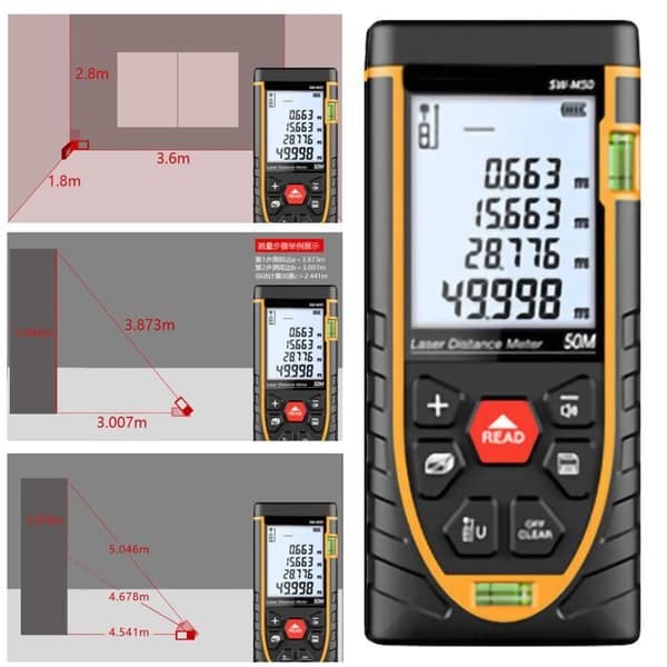 50m Laser Distance Meter - Measuring Tool with Dual Bubble Level - Portable Digital Laser Rangefinder