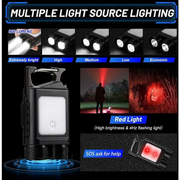 Mini LED Flashlight 900LM EDC Flashlight Rechargeable USB LED Keychain Flashlight IP65 Waterproof Magnetic Flashlight for Camping Hiking