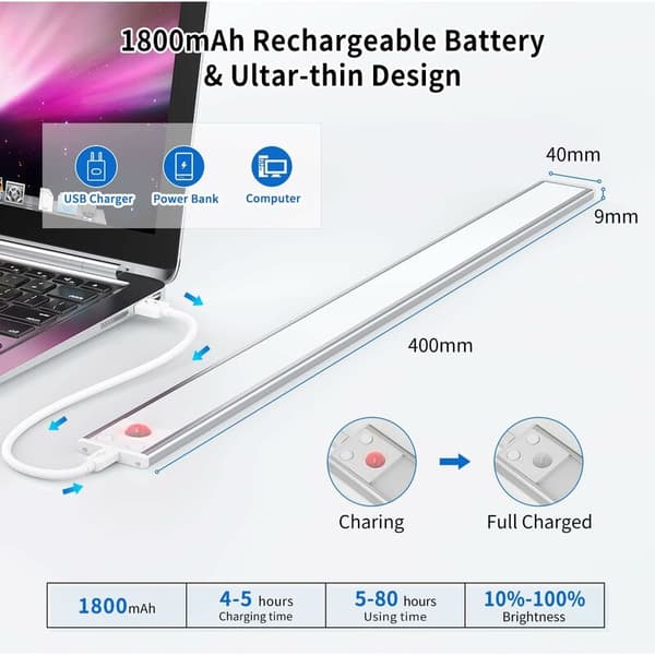 Rechargeable LED Wardrobe Light, 6000K, Wireless, Magnetic, Dimmable with Motion Sensor, Compatible with Wardrobe, Staircase, Kitchen, Hallway