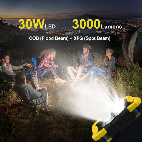 3000 lumen LED arbejdslys, 180 graders rotation IP65 vandtæt dobbelt rund COB lys + ladekabel (batterier ikke inkluderet)