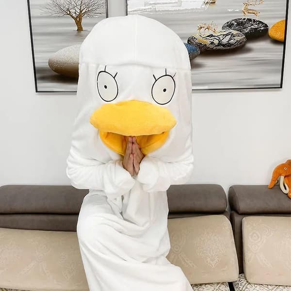 Anime söt ankpyjamas jumpsuit vinter polyester vuxen tecknad dräkt-1 (XL, Vit)