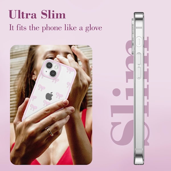Cover til iPhone 15, Gennemsigtigt Sødt Bånd Sløjfe Mønster Æstetisk Transparent Mobilcover Hævet Kamerabeskyttelse til Piger - Pink iPhone 15