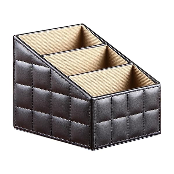 Black Remote Control Organizer, 3 Compartment Leather Desk Stand