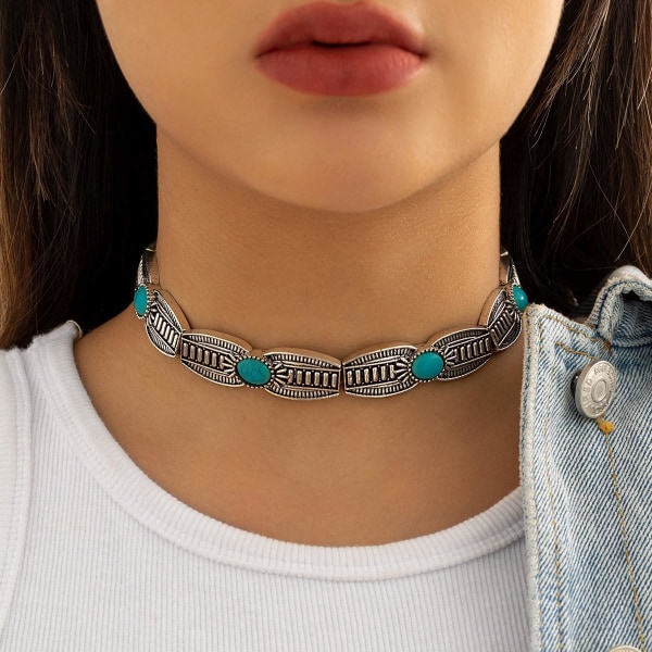 Retro National Green Stone Choker Halskæde Kvinder Halskæde Punk Metal Sølv Udskåret Kort Halskæde