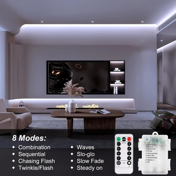 3m Battery Operated LED Strip Lights with Remote, 90 LED Waterproof, 8 Modes, Dimmable, Cuttable (Cool White)