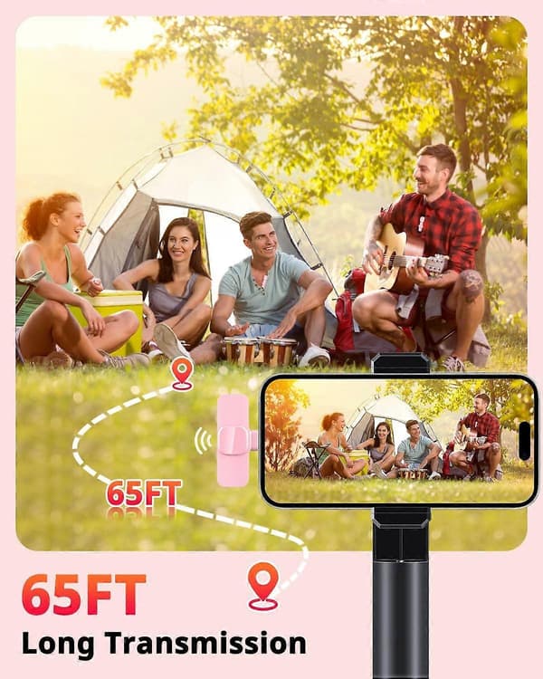 Wireless Lavalier Microphone with Noise Reduction, Plug and Play, Pink for iPhone Android YouTube TikTok